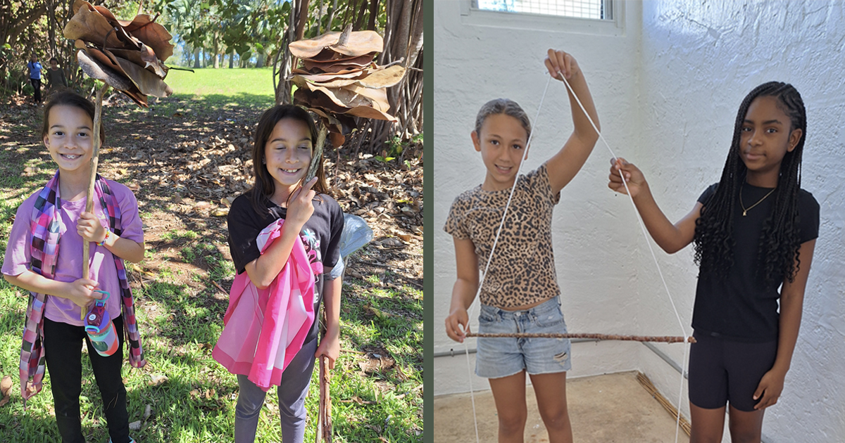 Girls make their own umbrellas while hiking on Darrells Island, and make towel racks for their campsite